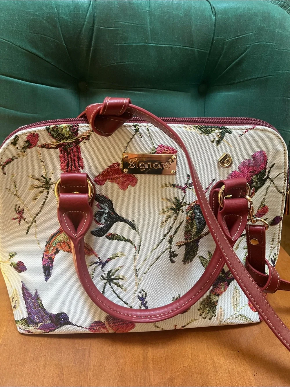 Floral Canvas Satchel with Burgundy Trim by